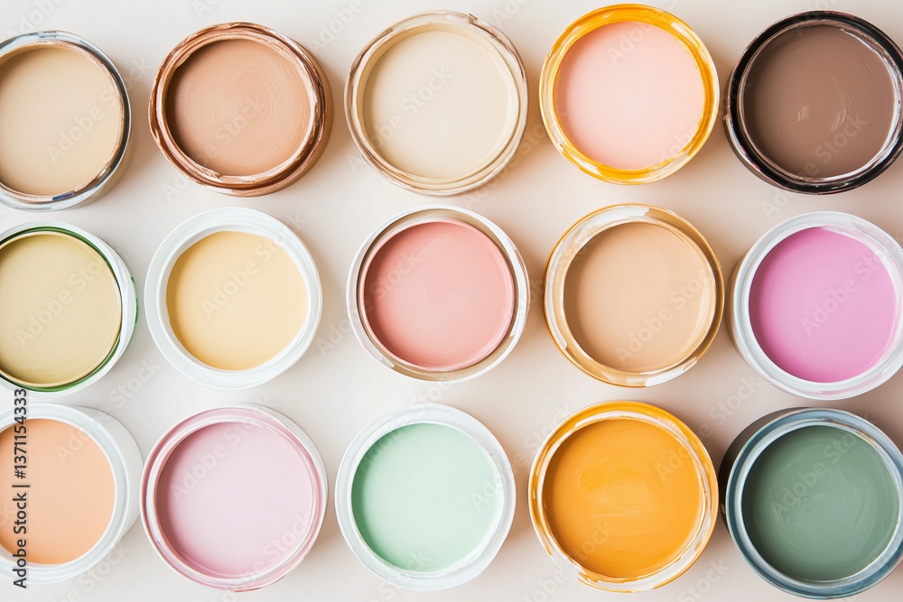 A collection of open paint cans in a variety of beige and mocha mousse pastel colors, set for any creative painting project or home renovation A collection of open paint cans in a variety of beige and mocha mousse pastel colors, set for any creative painting project or home renovation
