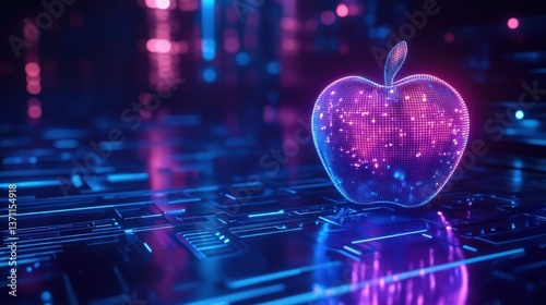 Transparent glowing apple on a futuristic circuit board