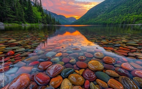 Picturesque Sunset Reflections on Pebble Beach in Glacier National Park photo