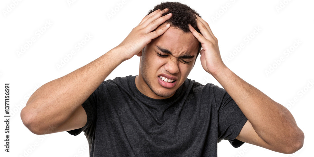 Stressed Young Man Holding His Head in Pain - Concept of Headache, Anxiety, and Mental Strain Stressed Young Man Holding His Head in Pain - Concept of Headache, Anxiety, and Mental Strain