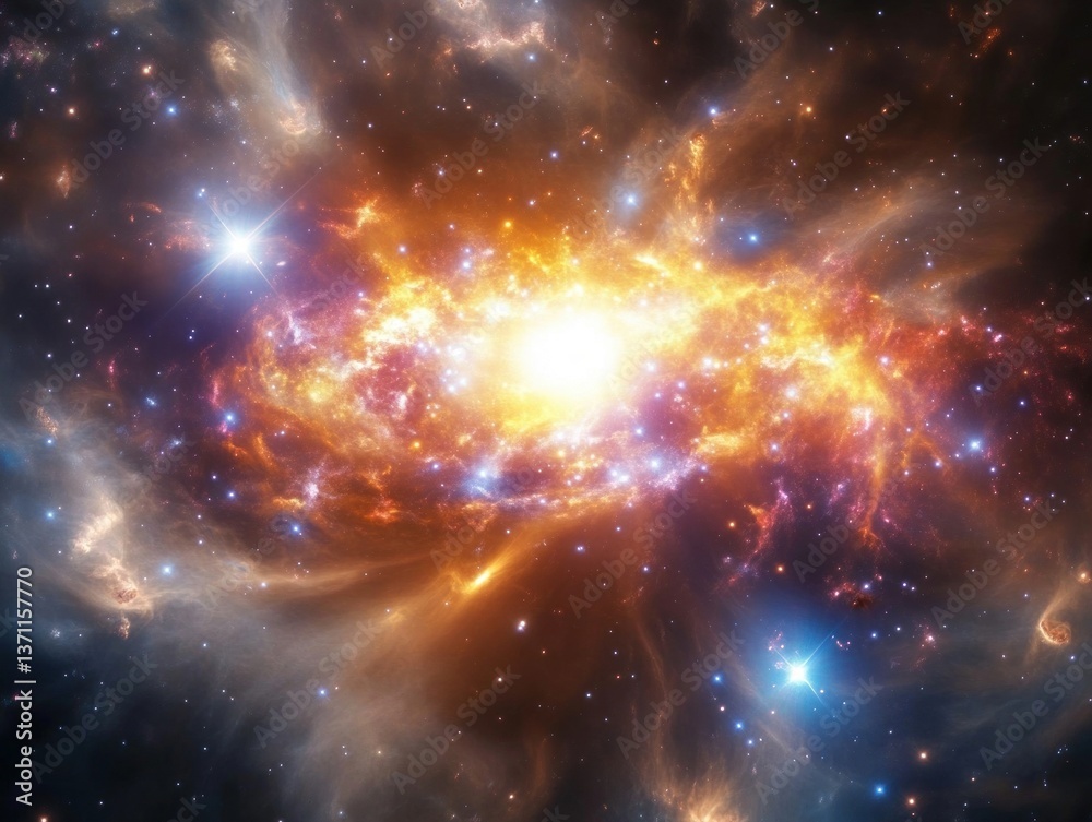 Fototapeta premium starburst galaxy with rapid star formation highlighting multicolored illuminations of cosmic dust and vibrant constellations
