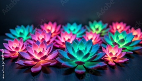 Colorful glowing lotus flowers on dark background  