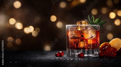 Cocktail with ice cubes sits on a dark surface next to cherries and a lemon slice, accented by blurred background lights.