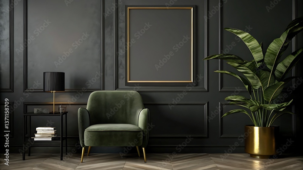 Fototapeta premium A green armchair with a plant and a lamp in a dark room