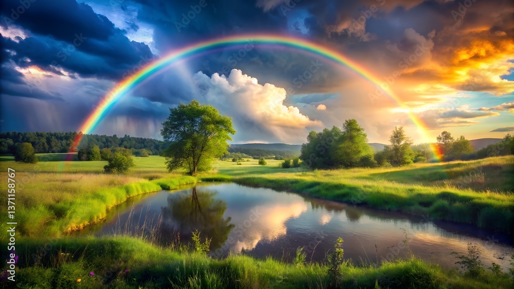 Naklejka premium A beautiful nature, cloudy skies and a rainbow.