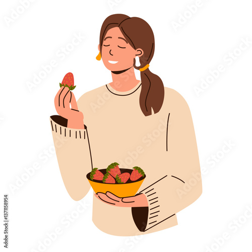 Vegan woman eats strawberries, natural vegetable. Character holding farm fresh products, food. Happy buyer from market. Concept of healthy food, healthy lifestyle, vegetarianism	
