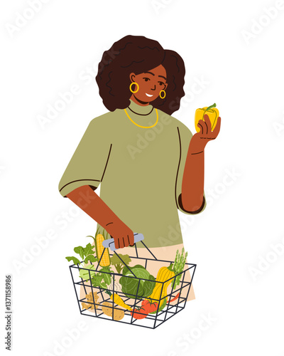 Vegan woman carrying healthy organic produce, natural vegetable. Character holding farm fresh products, food. Happy buyer from market. Concept of healthy food, healthy lifestyle, vegetarianism	