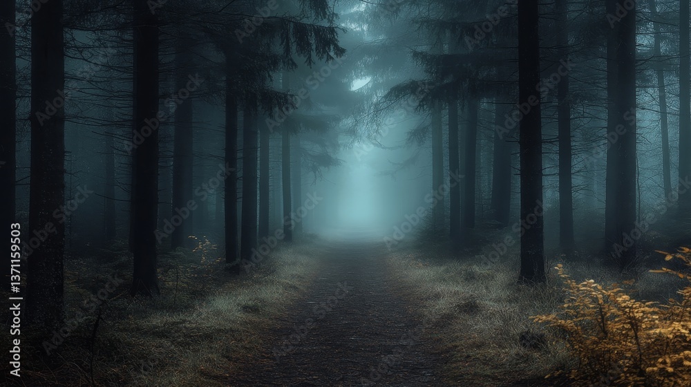 Naklejka premium Misty forest path through tall dark trees