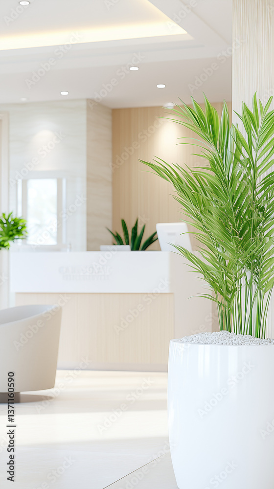 Fototapeta premium Modern bright reception area with green indoor plants and white minimalist desk in clean design