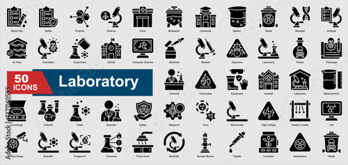 A collection set of glyph Laboratory icons. Includes microscope, beaker, scientist, experiment, research, and more. Perfect for illustration and design.
