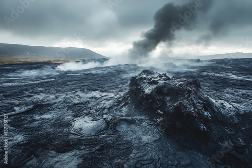 A volcanic landscape with blackened rocks and ash, the ground still warm from recent eruptions. Steam rises from fissures, creating an eerie and otherworldly atmosphere