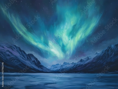 Serene mountain lake under breathtaking aurora borealis. Night sky, frozen lake, snowy peaks.