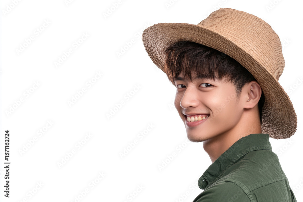 Portrait of a young Asian farmer smiling against a white background Portrait of a young Asian farmer smiling against a white background