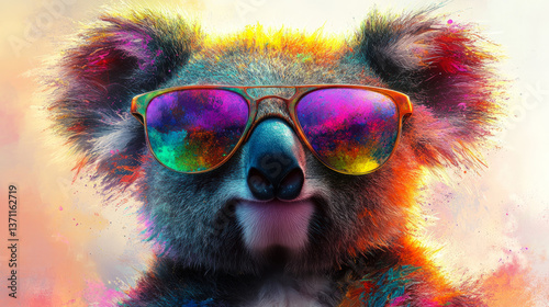 Funny Koala with Rainbow Sunglasses in Urban Colorful Style
