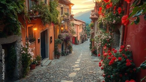 Italian village street at sunset, flowers, mountains in background photo