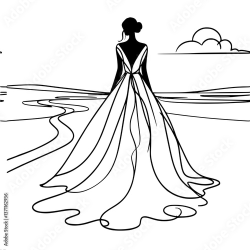 Elegant bride standing in a flowing dress against a scenic background , single line vector drawing 