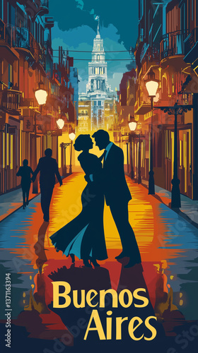 Romantic Flat Vector Poster of Buenos Aires with Tango Dancers at Dusk