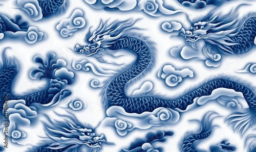 Elegant blue and white Chinese dragon pattern with flowing clouds creates a timeless design.
