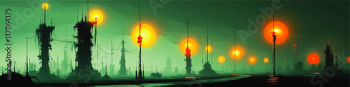 Futuristic Fantasy Vector Illustration Depicting Dystopian Cityscape Skyline with Abstract Towers Glowing Bright Orange Lights in Moody Atmospheric Green Digital Art