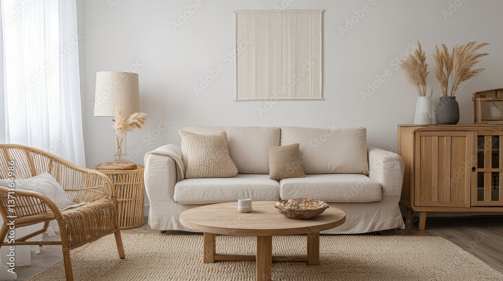 custom made wallpaper toronto digitalWarm composition of living room interior with beige sofa, wooden coffee table, rattan sideboard, partition wall, lamp, beige carpet, stylish armchair and personal accessories. Home decor. Template.