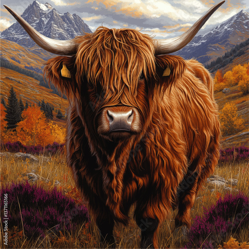 Stunning Vector Illustration of Majestic Scottish Highland Cow in Mountainous Autumn Landscape with Vivid Trees Heather Meadows and Cloudy Dramatic Sky Background