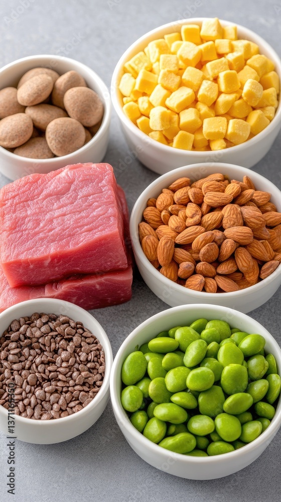 High angle studio shot of bowls filled with various protein-rich ingredients High angle studio shot of bowls filled with various protein-rich ingredients