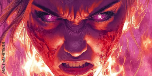 Intense Vector Illustration of Angry Powerful Female Face with Purple Eyes Glowing Flames Fantasy Fiery Magical Portrait for Graphic Novel Cover Design Digital Art