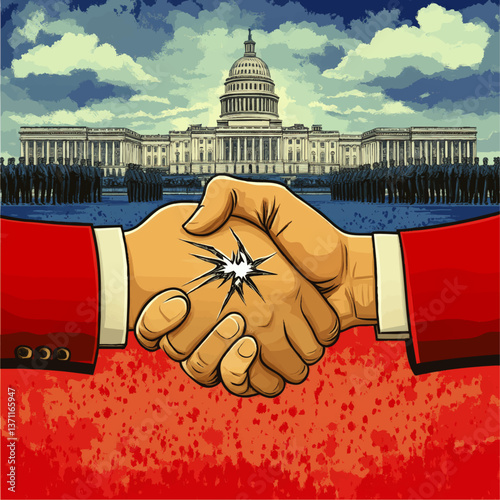 Detailed vector illustration of handshake breaking symbolizing political conflict tension disagreement and division set against United States Capitol with officials