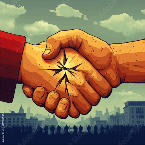 Detailed Vector Illustration of Shaking Hands Showing Cracked Agreement Concept Against City Skyline and Clouds with Crowd Silhouettes Representing Conflict and Tension