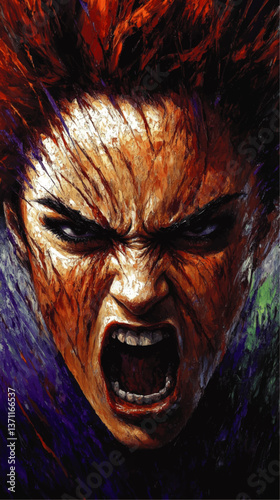 Intense Vector Illustration of Angry Fierce Woman Screaming with Powerful Expression and Dramatic Fiery Red Hair Abstract Emotional Digital Artwork Portrait Concept