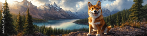 Stunning Vector Art of Smiling Shiba Inu Dog Sitting in Majestic Mountain Lake Landscape with Rocky Peaks, Green Pine Trees and Scenic Nature Background Illustration