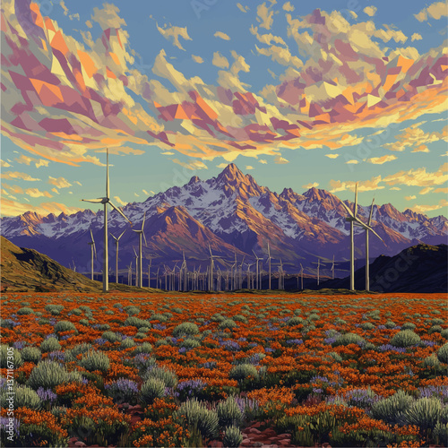 Scenic Vector Landscape Illustration Featuring Majestic Mountains Blooming Wildflowers Renewable Wind Turbines Beautiful Sunset Sky Nature Sustainability Clean Energy