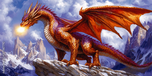 Majestic Fantasy Dragon Breathing Fire on Mountain Cliff Digital Vector Illustration with Vibrant Colors and Detailed Scales for Myths Legends and Epic Storytelling