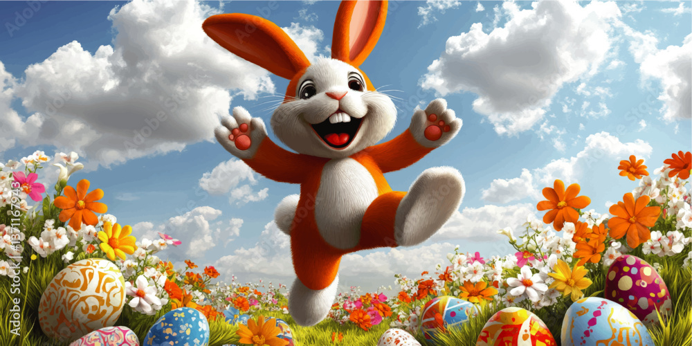 Cheerful Orange and White Easter Bunny Joyfully Hopping in Colorful Spring Meadow Surrounded by Decorated Eggs Blossoming Flowers and Bright Blue Sky with Clouds