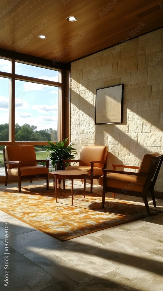 Fototapeta premium Sunlit lounge area with modern armchairs, coffee table, and patterned rug. Peaceful and inviting atmosphere.