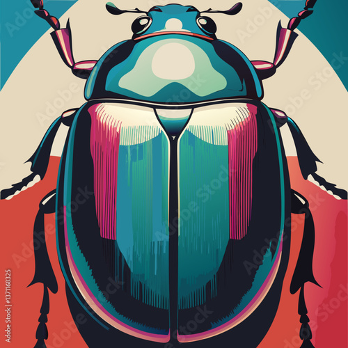 Vector illustration of a scarab  beetle. Stylized macro view with glossy rainbow shell on pop-art background, colorful bug concept for tech brands, science museums, kids’ learning materials