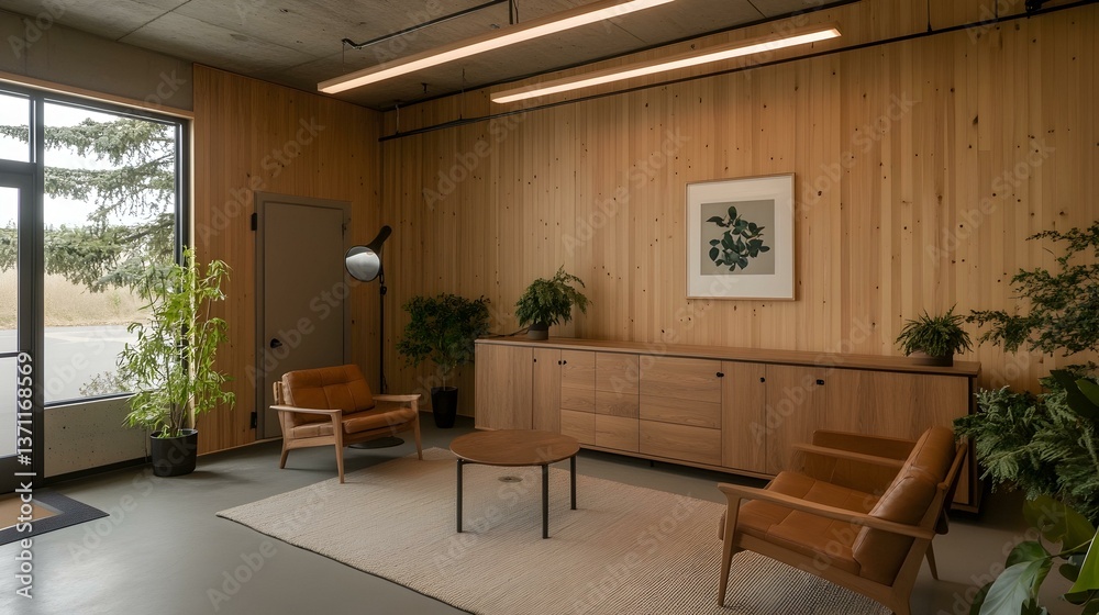 Fototapeta premium Modern minimalist waiting room with wooden walls, leather armchairs, plants, and a sideboard.