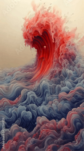 Mesmerizing Abstract Vector Illustration of Majestic Ocean Wave in Stunning Red and Blue Hues Captivating Swirling Artistic Fluid Patterns and Surreal Nature Concept Art