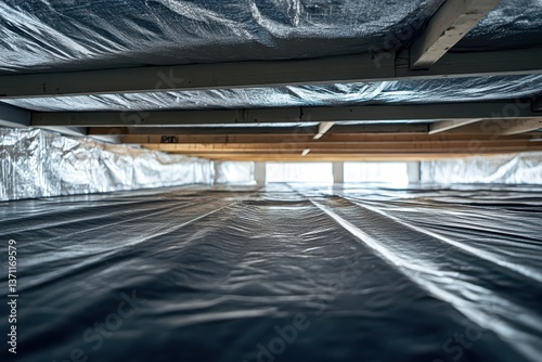 View of a home's crawl space with black vapor barrier and insulation. Perfect for illustrating foundation work, moisture control, and home repair.