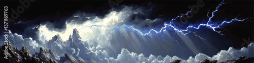Dramatic Vector Illustration of Majestic Stormy Mountains with Powerful Lightning Strikes and Atmospheric Clouds in Stunning Shades Illuminating Natural Landscape