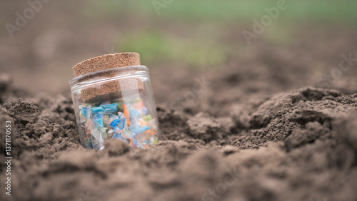 Micro plastic fragments found in the soil and collected in a small sample glass jar. Microplastics particles in the agricultural field. Concept of plastic pollution in the agro-industry.