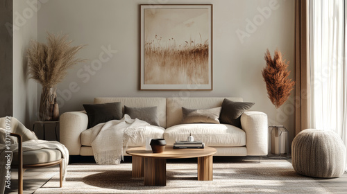 Interior design of stylish living room with modern neutral sofa, mock up poster farmes, dried flowers in vase, coffee tables, decoration and elegant personal accessories in home decor. Template.