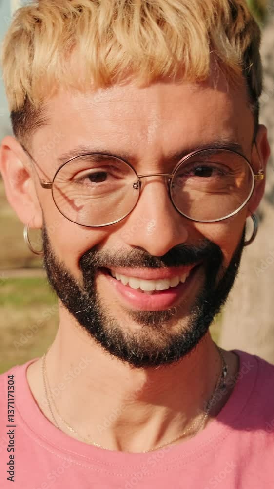 Vertical video, Happy Man Smiling In The Park With Friends Vertical video, Happy Man Smiling In The Park With Friends