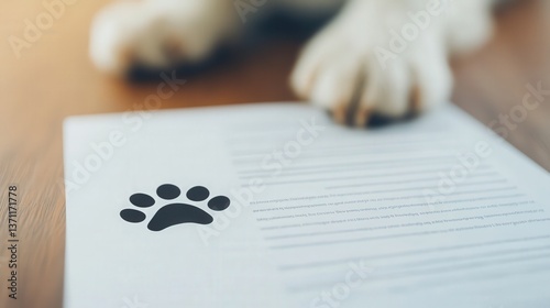Close-up of a pet’s paw resting near a paper document featuring a paw print stamp symbolizing animal rights, pet adoption agreements, and legal protection for companion animals