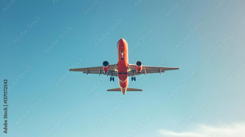 Fototapeta premium Orange Airplane Landing Bottom View