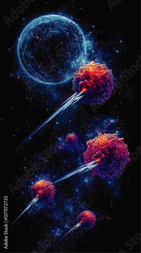 Stunning Vector Illustration of Dramatic Space Scene Featuring Vibrant Asteroids, Cosmic Explosions, Mysterious Blue Planet and Futuristic Universe in Galactic Setting