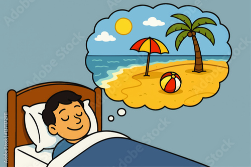 Vector Illustration of Happy Child Dreaming Peacefully About Summer Beach Vacation with Palm Tree Umbrella Sunshine Ocean and Beach Ball Travel Holiday Dreams Concept