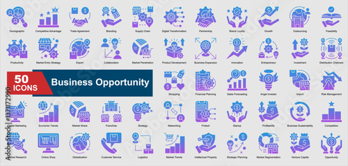 Business Opportunity Icon Collection Set. Demographic, Competitive Advantage, Trade Agreement, Branding, Supply Chain, Digital Transformation, Partnership icon. Glyph Gradient Style Ilustration