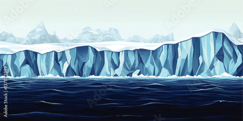 Stunning Vector Illustration of Polar Arctic Iceberg Landscape Showing Massive Ice Glacier Cliffs Rising Above Cold Dark Ocean Water with Snowy Mountain Background