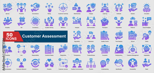 Customer Assessment Icon Collection Set. Service, Proactive , Convenience, Rating, Credibility, Responsibility, Customer Needs cash icon. Glyph Color Style Vector Ilustration